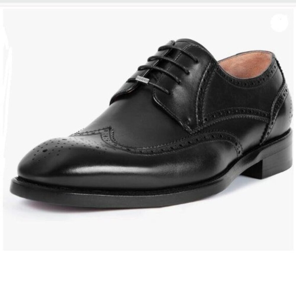 LEIZILEIMen's Round Toe Shoes Brogue Genuine Leather Lace-Up Oxford Derby  Black